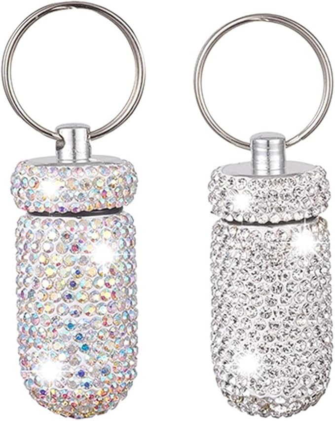 2 Pcs Pill Holder Keychain, Bling Aluminum Medicine Holder Pill Container Mini Size Waterproof and Light Weight Portable Pill Bottle Case (AB Color+White)