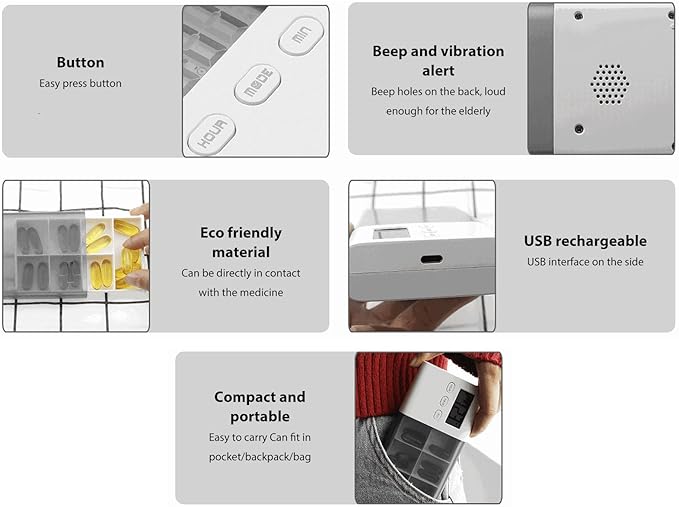 Electric Pills Organizer, USB Rechargeable Digital Tablet Box Storage Case with 5 Sets Alarm Reminder for Travel Dispenser