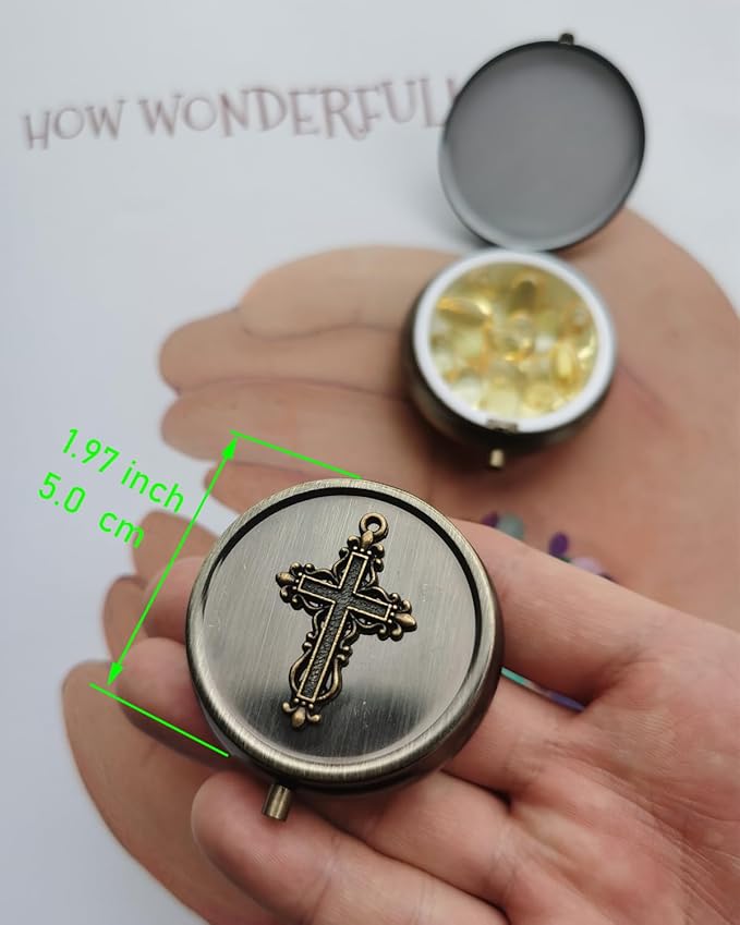 Portable Travel Pill Organizer - Gift Box Package Pill Case, Bronze Decorative Metal Medicine Box Pill Holder, Small Pocket Pill Case for Purse, Storage Vitamin Or Medicine, Pill Dispenser