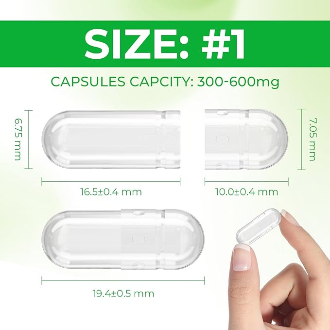 Size 1 Empty Capsules Vegan Plant Based Clear (1,000 Count) Gluten Free, Non-GMO, Halal Certified Pill Caps Filling Kit with 2 Spoons for Vegetarian DIY Your Own Supplements