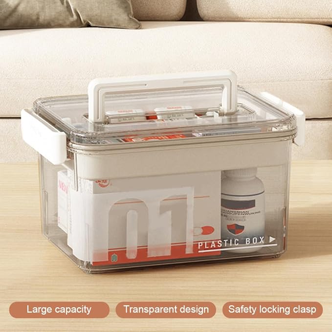 Clear Medicine Storage Organizer & First Aid Box, Multi-Layer Medicine Storage Box with Detachable Tray and Handle, Multi-Purpose Organizer for Family First Aid, Home, Travel(Clear)