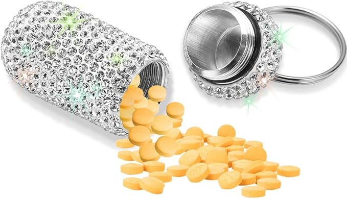 Portable Pill Case Pill Container Waterproof Pill Holder with Keychain Bling Pill Box Medicine Dispenser Bottle Storage for Outdoor Camping Travel (White)
