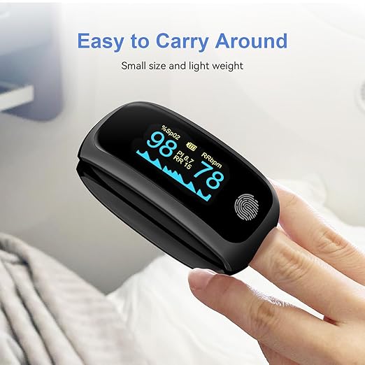 Rechargeable pulse oximeter with respiration, with O2 Pulse Rate PI RR Respiratory Accurate Reliable Oximeter SpO2 Reading Not for medical use Black