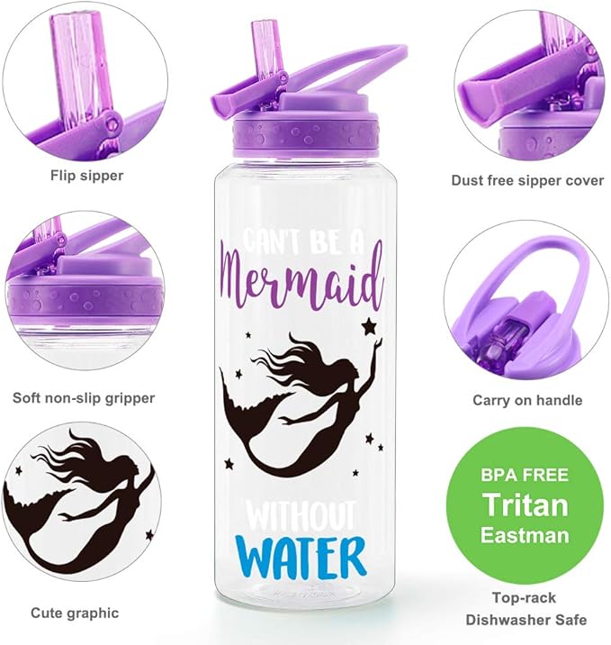Home Tune 32oz Motivational Water Bottle with Straw & Time Marker, BPA FREE, Dustproof Flip Straw, Leak Proof, Easy Clean (Mermaid)