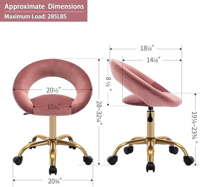 DUHOME Swivel Rolling Chair, Velvet Home Office Chair Adjustable Hydraulic with Backrest for Salon Tattoo Office Massage Medical Facial Spa, Pink