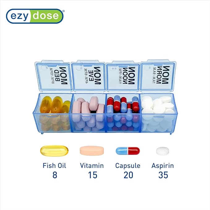 Ezy Dose Weekly (7-Day) Pill Organizer, Vitamin and Medicine Box, Large Pop-Out Compartments, 4 Times a Day, Blue