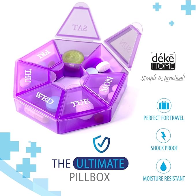 Deke Home - Small Weekly Pill Organizer, Round Pill Dispenser for Travel, Mini Pill Organizer, Compact Medicine Holder, Pill Sorters 7 Days, Portable Vitamin Container, BPA Free (Food Grade)