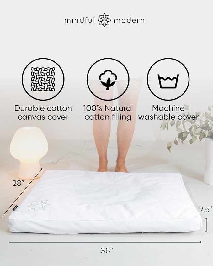 Mindful & Modern Zabuton Meditation Mat - Cotton Filled Yoga and Meditation Pad - Zabuton Meditation Cushion for Kneeling and Sitting Support - Large Rectangular Sitting Floor Pillow for Bench or Zafu