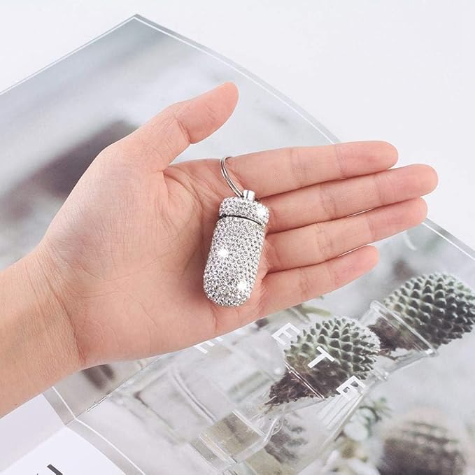 XhuangTech Waterproof Keychain Pill Box Bling Round Medicine Organizer Holder Container Aluminum Portable Mini Bottle Storage Case for Outdoor Travel Camping Purse Pocket (White)