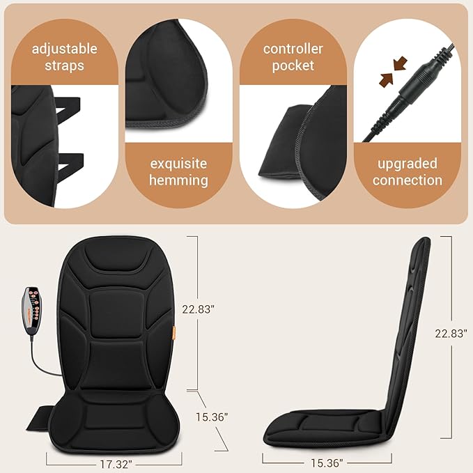 Massage Seat Cushion with Full Back Thighs Heat Back Massager for Chair with 3 Heating Pads 6 Vibrating Motors, Massage Chair Pad for Home Office, Heated Seat Cover Warmer for Pain Relief