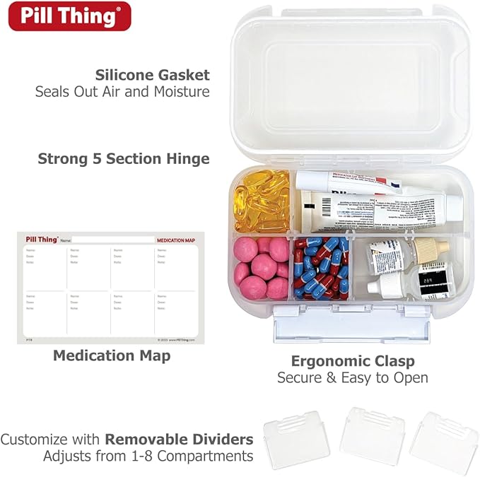 Large Pill Organizer, 8 Compartment Big Pillbox for Travel, Airtight Design, Easy Travel Medication Management, Adjustable Dividers, Gasket Waterproof Med Box with Medication Map (Clear - 1 Pack)
