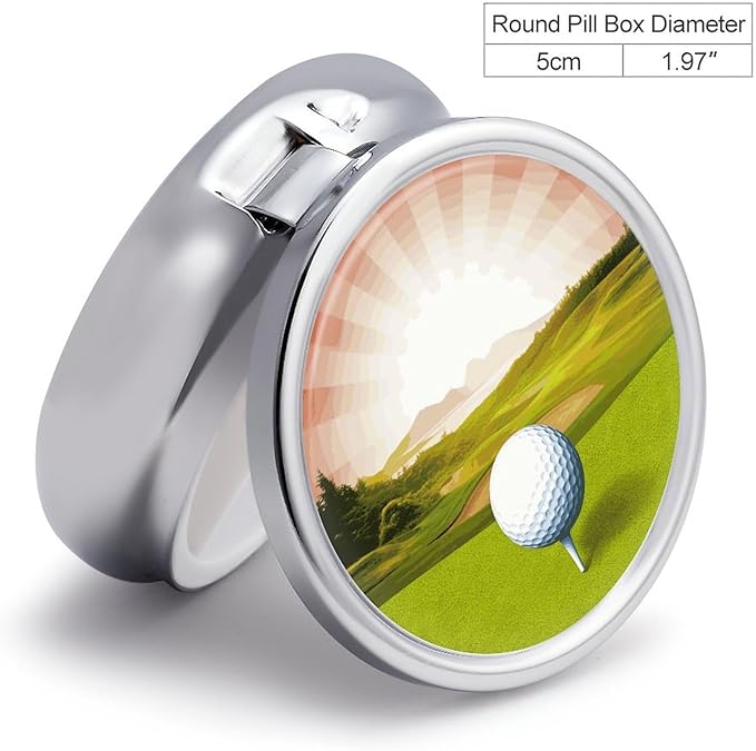 Golf Sport Pill Box Travel Pill Case for Purse Pocket Weekly Medicine Organizer with Mirror 3 Compartment Round Medicine Case Portable PillcaseHolder for Daily