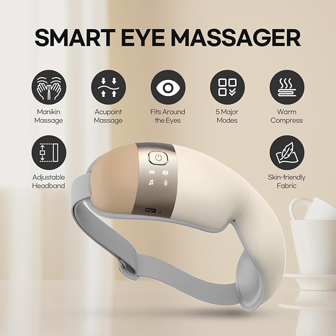 HubiCare Eye Massager with Heat, Vibration, and Music Helps Relieve Strain, Dark Circles, Dryness, and for Migraine Relief Relaxation and Better Sleep Valentines Day Gifts for Women/Men (Beige)