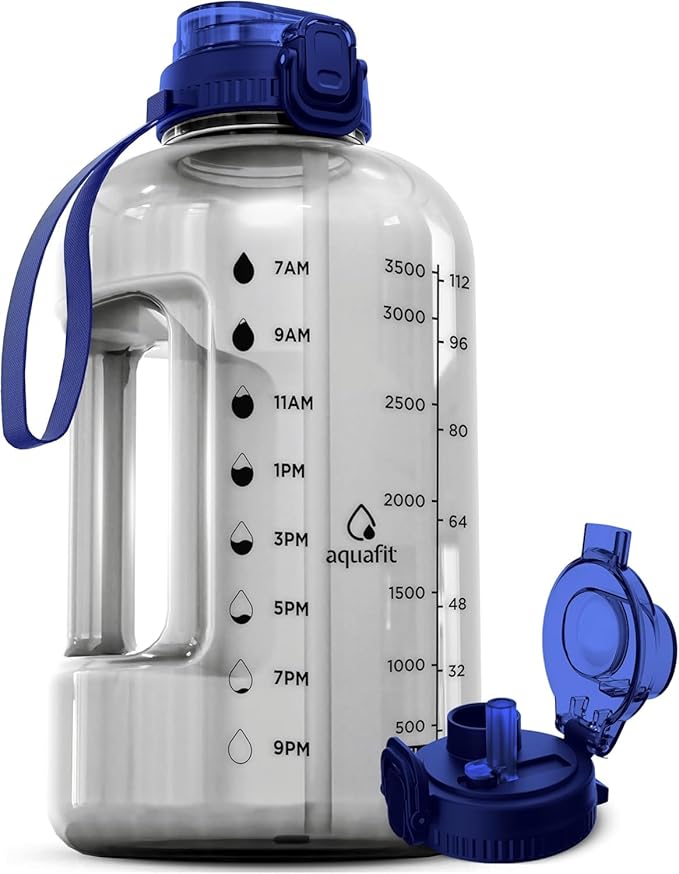 AQUAFIT 1 Gallon Water Bottle with Time Marker - Straw & Chug Lid - BPA Free Gym Water Bottle with Straw - Big Gallon Jug (Clarity, 128 oz - 2in1 Lid)