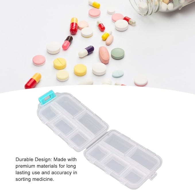 Travel Pill Organizer, Plastic 10 Compartments Pill Case Portable Pill Box Buckle Lock Weekly Portable Pill Holder Container for Purse (White)