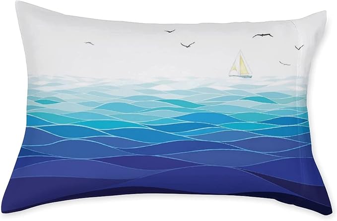 Decorative Fitted Sheet Set Twin XL Size, Aqua Deep Pockets Fitted Sheet & 2 Pillow Sham Set(No Flat Sheet), Graphic Ocean Waves Sailboat Birds Seagulls Seascape Printed Microfiber Bedding 3pc Set