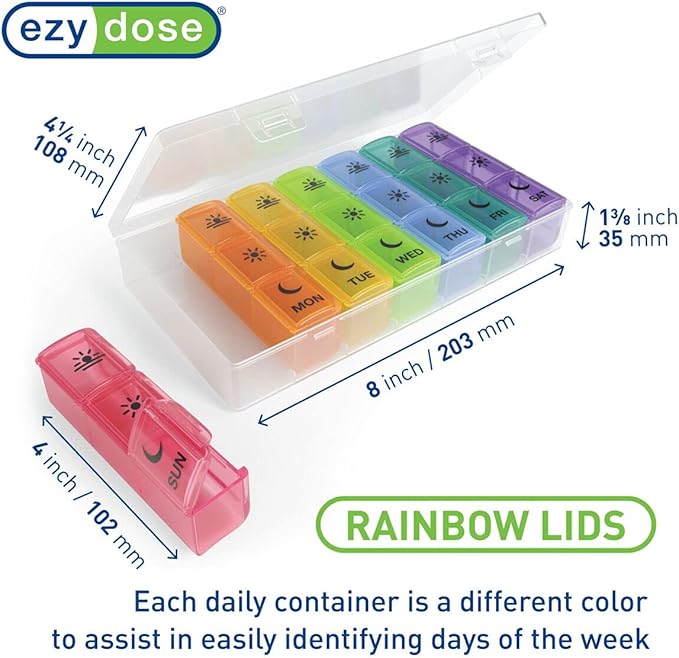 Ezy Dose Weekly (7-Day) Pill Case, Medicine Planner, Vitamin Organizer Box, Convenient and Easy to Use, X-Large Pop-Out Compartments, 3 Times a Day, Rainbow Lids with Case, BPA Free