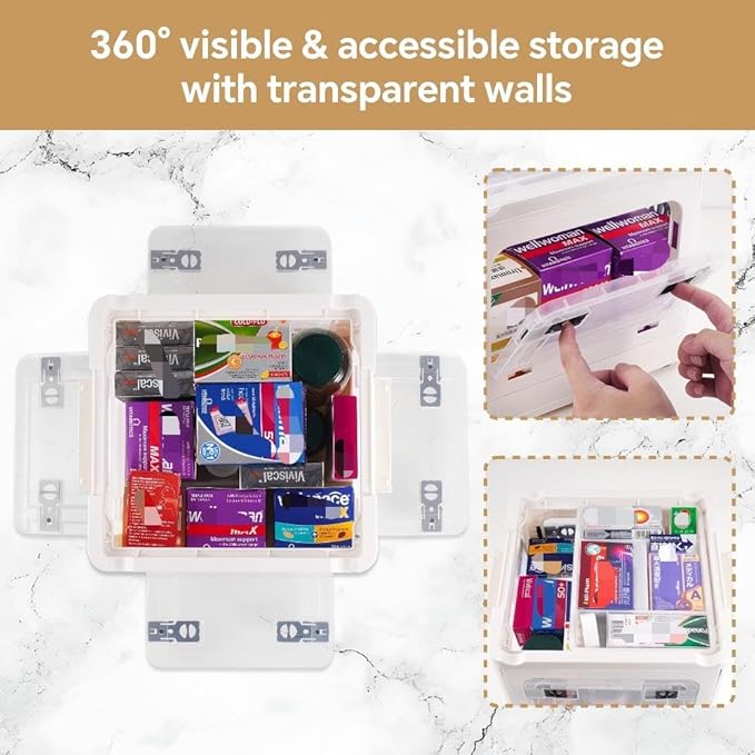 22qt Medicine Organizer Storage Box with 4-Side Opening Doors, 2 Tier Foldable Medication Organizer Empty, White Medicine Container Case Stackable First Aid Box for Home Medical Supply Storage
