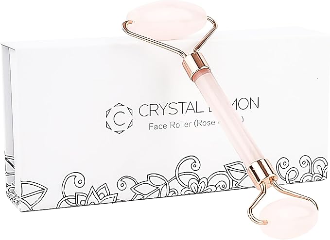C CRYSTAL LEMON Rose Quartz Facial Roller for Face and Neck, Dual-End Natural Stone Face Roller, Cooling Massage Tool for Puffiness Appearance, Smooth Rolling Skincare Accessory