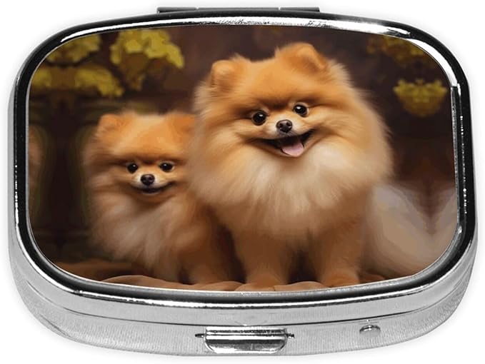 Square Pill Box 2 Compartment Medicine Pill Case Yellow Pomeranian Pill Box for Purse Pocket Waterproof Metal Pill Container Portable Pill Holder Mini Pill Organizer for Travel or Daily