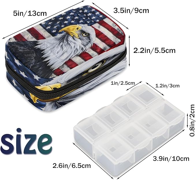 American Flag Animal Eagle Travel Pill Organizer Box Weekly Portable Pill Case Daily Pills 7 Day Small Birth Control Pills Container Removable Compartments for Medicine Vitamins Fish Oil