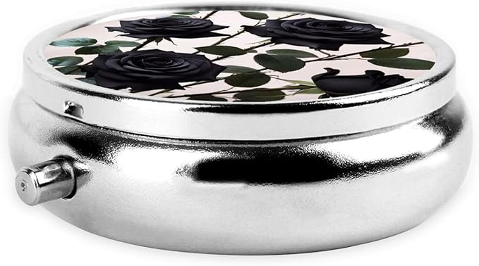 ZhongGuo Gothic Black Roses Printed Pill Organizer,Round Travel Pill Organizer Mini Medicine Pill Box for Purse Iron Plating