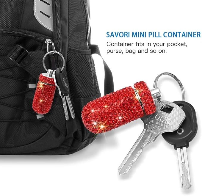 Portable Pill Case Pill Container Waterproof Pill Holder with Keychain Bling Pill Box Medicine Dispenser Bottle Storage for Outdoor Camping Travel (Red)