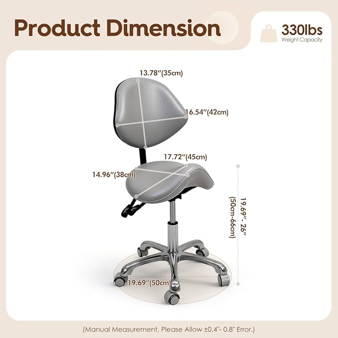 Saddle Stool Rolling Chair for Medical Massage Salon Kitchen Spa Drafting,Adjustable Hydraulic Stool with Wheels (Grey, with Backrest)