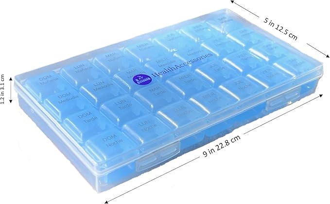 Spanish 7 Day Four Times a Day Weekly Pill Planner Organizer - Large Compartment Pill Boxes Store medications for Entire Week. Cuatro veces al día Durante UNA semana.