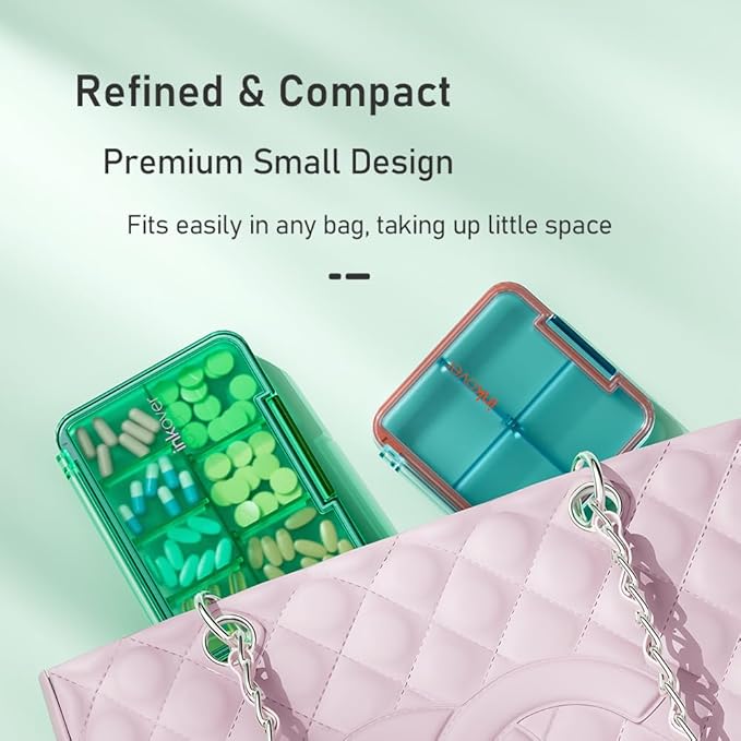 Small Pill Organizer, Waterproof & Portable Pill Case for Daily Travel - Adjustable 4 Compartments Compact Medicine Holder for Vitamins, Pills, Perfect for Purse or Pocket (Green)