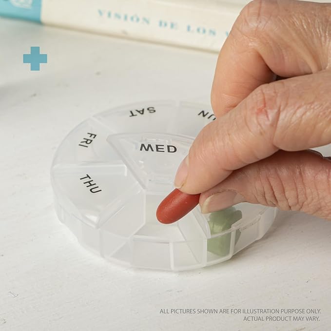 Deke Home - Round Portable Pill Box, Medicine Planner, Small 7 Day Weekly Travel Container, Medication, Vitamin Holder, Pillbox Organizer, Pill Dispenser, Daily Sorter & Reminder, BPA Free