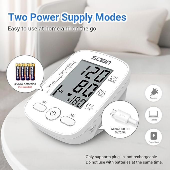 Scian Blood Pressure Monitor Upper Arm for Home Use, Automatic Blood Pressure Arm Cuff with Large Cuff 8.7"-16.5", Large LCD Display, 2 User 180 Memory, USB Cable (White)