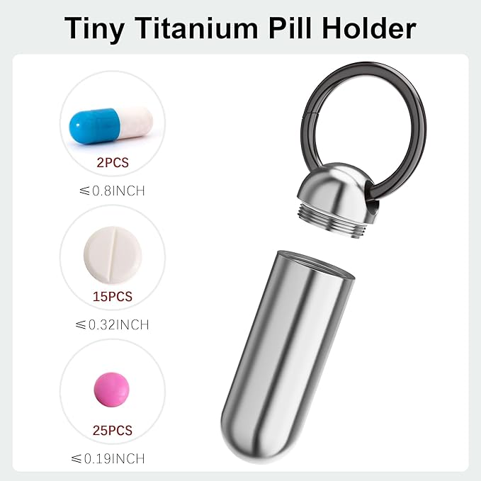 Tiny Portable Titanium Keychain Pill Case - Waterproof, Pocket Pill Organizer With 1 Compartment, Travel Bottle