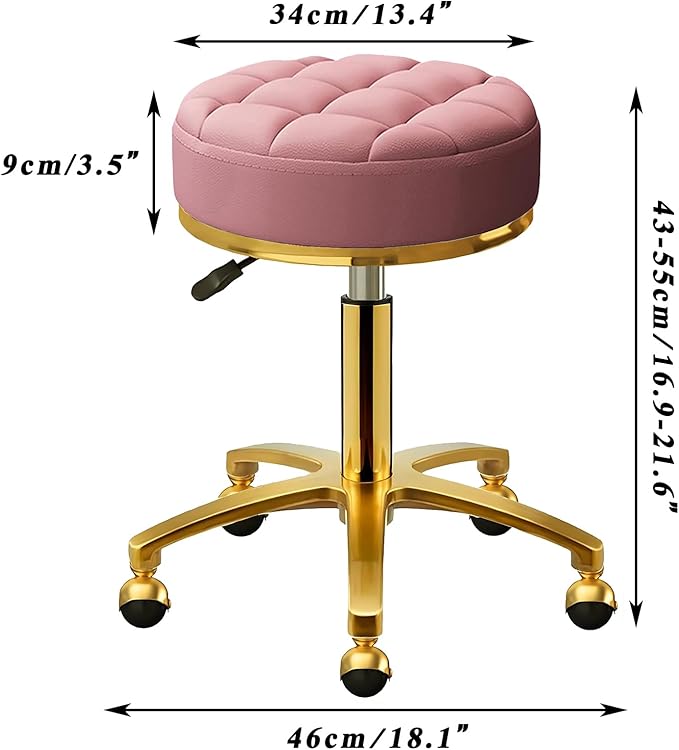 Rolling Stool Gold Vanity Stool with Wheels, Pedicure Massage Roller Stools, PU Leather Round Swivel Salon Spa Chair, Titanium Gold Base, Height Adjustable 43-55 cm (Pink)