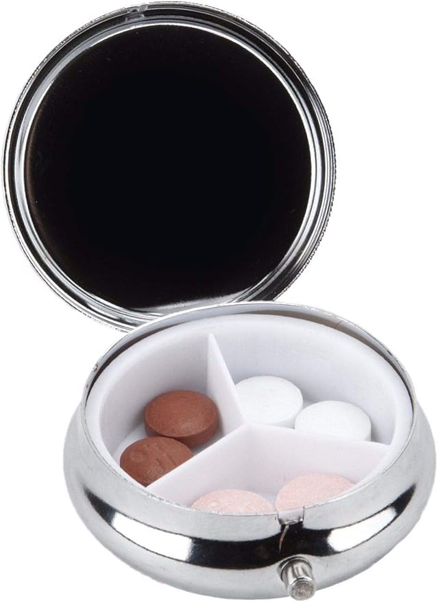 Brown Bear Silver Pill Box – Round 3-Compartment Metal Pill Organizer, Compact 2-Inch Travel Pill Case for Pocket or Purse