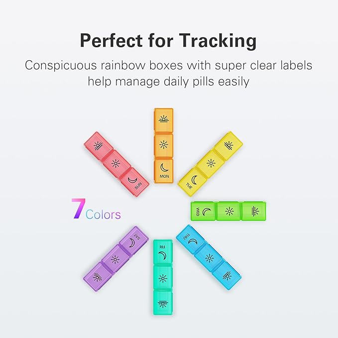 BUG HULL Pill Organizer 3 Times a Day, Large Weekly Medicine Pill Organizer 3X a Day, 7 Day Pill Box Cases Morning Noon Evening for Vitamin, Cod-Liver Oil, Supplements (Rainbow Black)