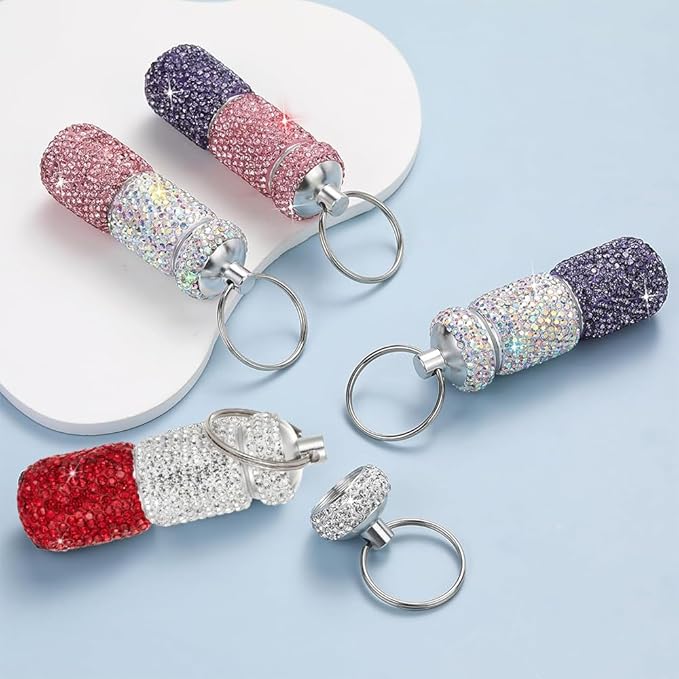 Bling Pill Case Portable Travel Pill Container Bottle Rhinestone Waterproof Small Pill Holder with Keychain Cute Mini Pill Storage Box (White red)
