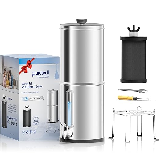 Purewell 1.0 Gallon Portable Gravity Water Filter System, 3-Stage 0.01μm Ultra-Filtration Countertop System with Water Level Window and Stand, Reduce 99% Chlorine, for Camping, RVing, Home (PW-1G-K)