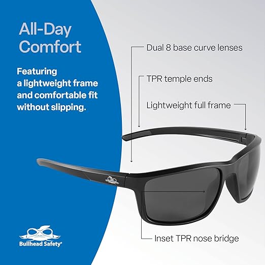 Bullhead Safety Eyewear BH2763AF Pompano, Matte Black Frame/Temple Smoke Af Lens Black Tpr Nose Piece And Temple Ends