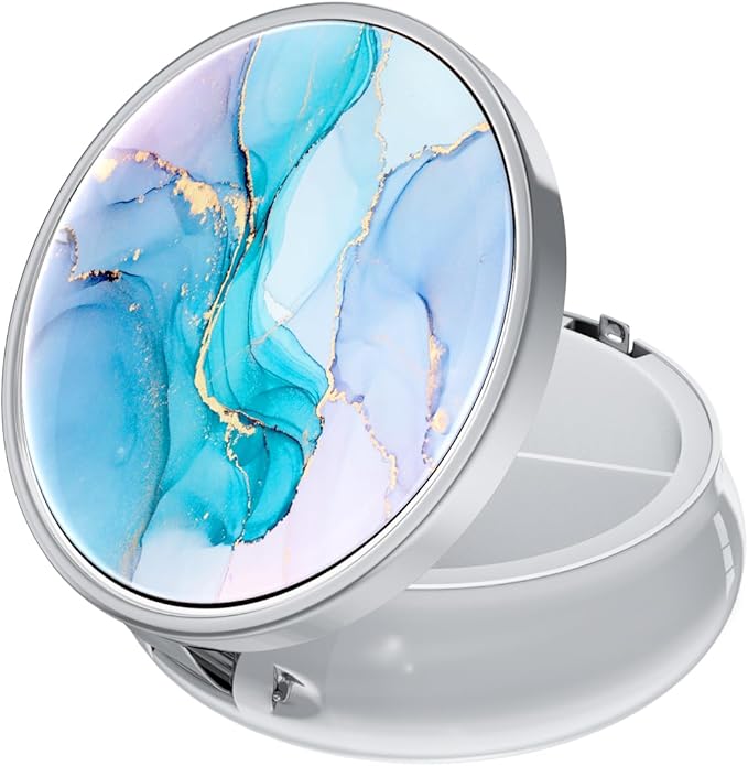 Rouidr Pill Box, 3 Compartment Medicine Pill Case, Small Metal Travel Medicine Box for Purse & Pocket, Silver, Colorful Ink Marble