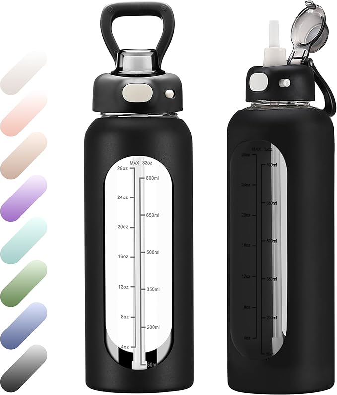 SIEROZUR 32 oz Glass Water Bottle with Straw and Handle 1 Liter Glass Water Bottle with Silicone Sleeve and Time Marker Sports Water Jug Wide Mouth for Travel Gym