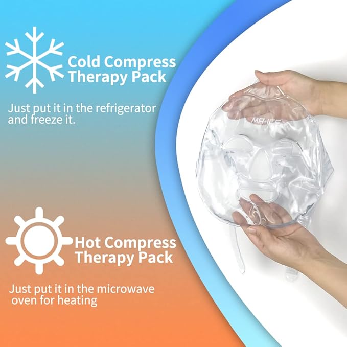 MR.ICE 2-Pack Reusable Face Ice Pack | Hot & Cold Gel Compress for Face Swelling, Puffy Eyes, Sinus Relief, Headaches & Stress | Freezer Cooling Mask