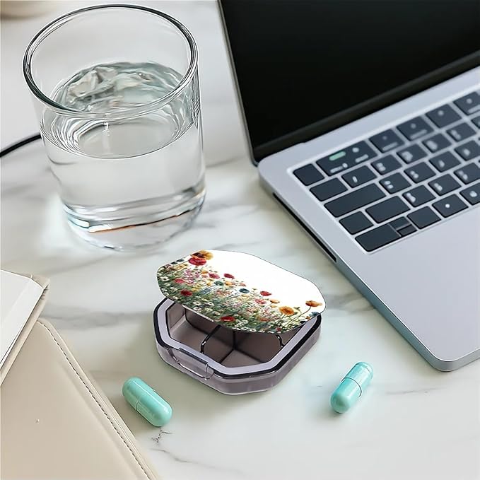 This Portable Watercolor Wildflower Pattern 4-Compartment Pillbox Can Be Placed in A Pocket Or Wallet to Store Vitamins, Medicines Fish Oil Health Supplements Other Medications.