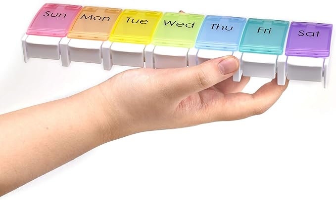 2 Pack Weekly Pill Organizer Vitamin Holder, DOSMAMZ 7 Day Travel Pill Box with Large Compartments, Push Button Design Medication Dispenser Case (Rainbow)