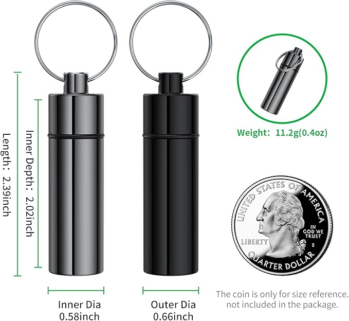 Small Pill Box,(2 Pack+2*Carabiner Clips) Keychain Pill Holder Portable Mini Travel Pill Container Metal Case Bottle with Keyring