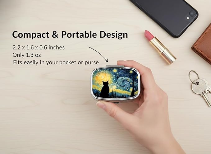 Starry Night Pill Box 2 Compartment Small Pill Case,Portable for Pocket or Purse Pill Organizer Pill Container Holder with Mirror to Hold Vitamins, Medication, Fish Oil and Supplements