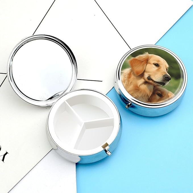 Dog Golden Retriever Travel Pill Box Case 3 Compartment Cute Pill Organizer Metal Pill Holder with Mirror Small Medicine Organizer Daily Pill Container for Purse Pocket Portable Meds Box
