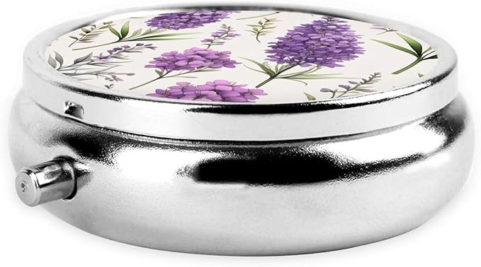 Purple Lavender Colored Flowers Printed Pill Organizer,Round Travel Pill Organizer Mini Medicine Pill Box for Purse Iron Plating