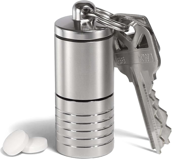 Cielo Pill Holders - Wide Dual Chamber Keychain Pill Holder, Made in USA, Stainless Steel Pill Keychain Container, Waterproof Pill Case, Compact & Customizable