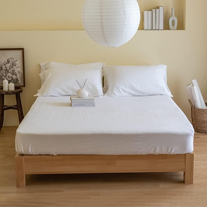 Simple&Opulence Belgian Linen Sheet Set Solid Color - 6 Pieces (1 Flat Sheet & 1 Fitted Sheet & 4 Pillowcases) 16" Deep Pocket Natural Flax Cotton Blended Soft Bedding - White, California King